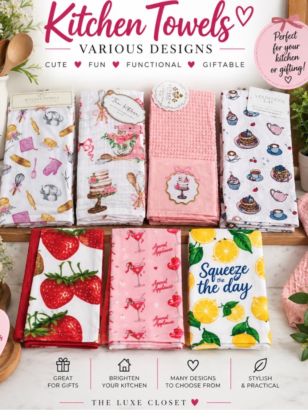 Kitchen Towels Assorted Designs pink, Yellow, Red, White, ( 1 Towel)